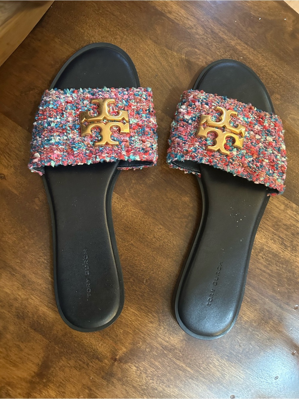 Tory Burch Multicolor Tweed Slide Sandals with Gold Logo
